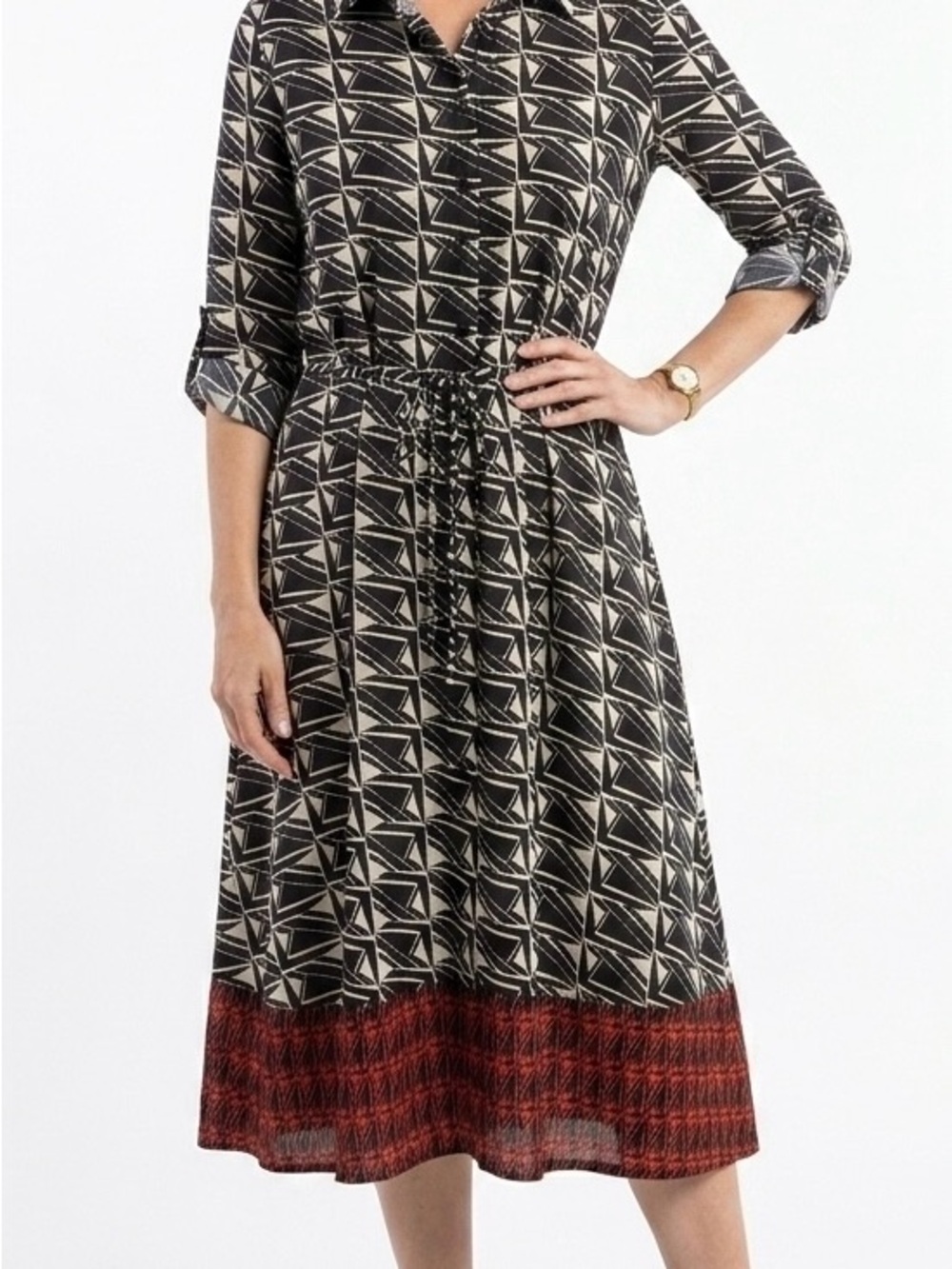 Geometric Black & Cream Midi Shirt Dress with Rust Border
